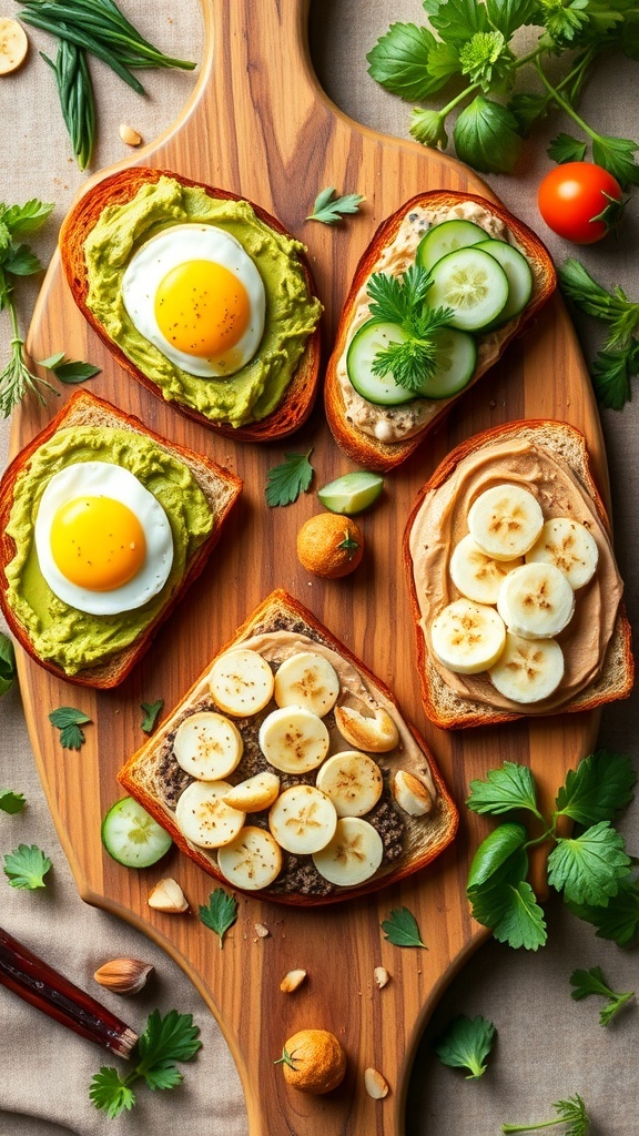 Delicious Toast Lunch Ideas An assortment of colorful toast topped with avocado, eggs, hummus, and fruits on a wooden board.